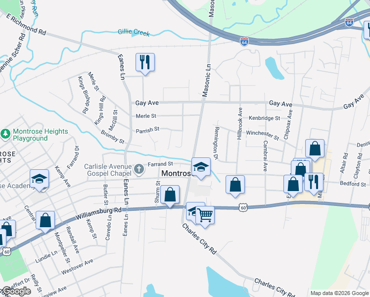 map of restaurants, bars, coffee shops, grocery stores, and more near 4711 Craddock Avenue in Richmond