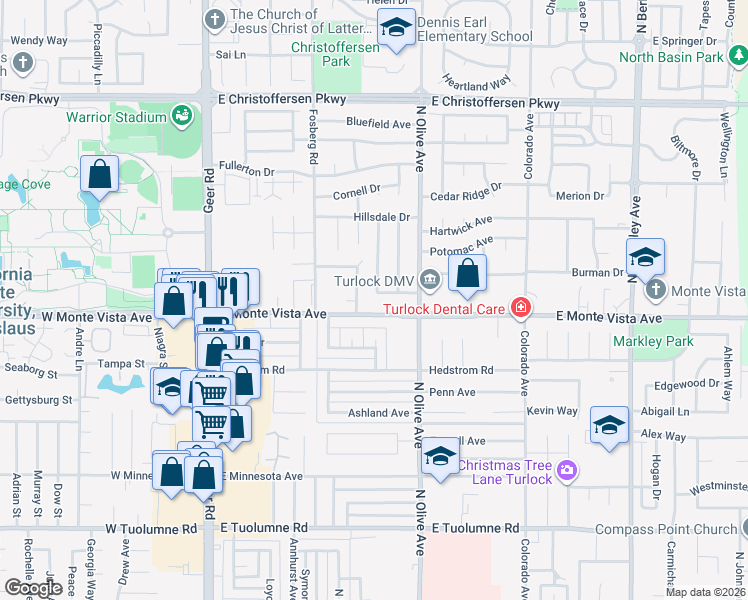 map of restaurants, bars, coffee shops, grocery stores, and more near 660 Newcomb Avenue in Turlock