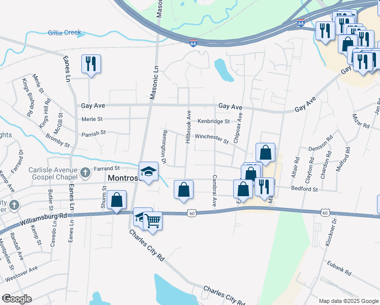 map of restaurants, bars, coffee shops, grocery stores, and more near 4611 Hillbrook Avenue in Richmond