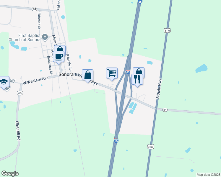 map of restaurants, bars, coffee shops, grocery stores, and more near East Western Avenue in Sonora