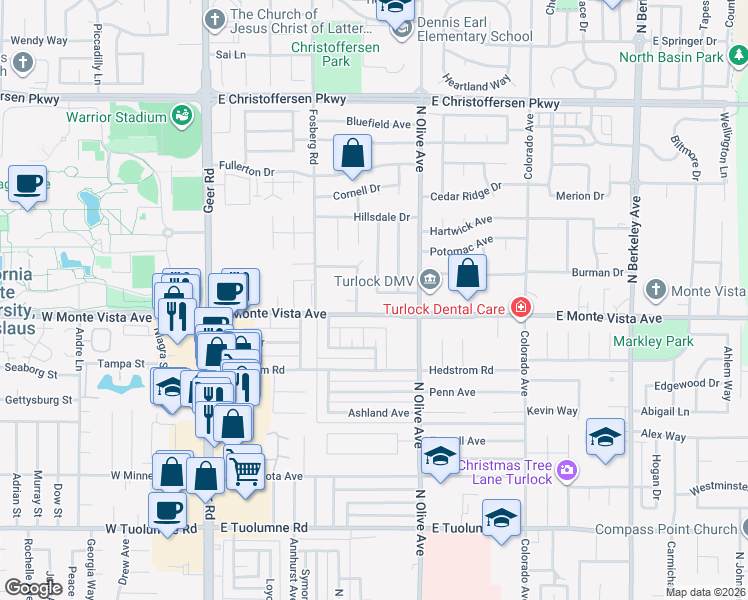 map of restaurants, bars, coffee shops, grocery stores, and more near 660 Newcomb Avenue in Turlock