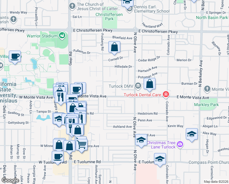 map of restaurants, bars, coffee shops, grocery stores, and more near 3241 Radcliff Way in Turlock