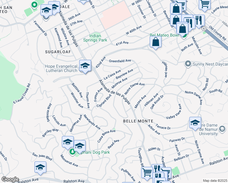 map of restaurants, bars, coffee shops, grocery stores, and more near 207 Alameda de las Pulgas in Belmont