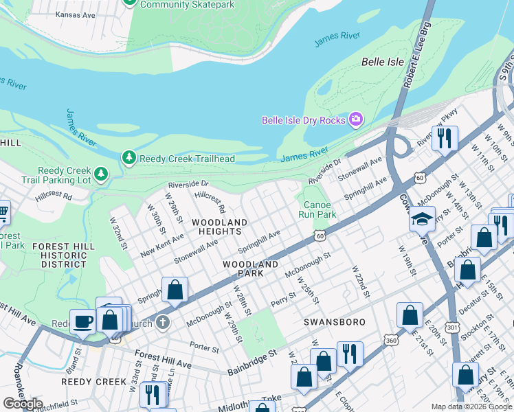 map of restaurants, bars, coffee shops, grocery stores, and more near 709 West 25th Street in Richmond