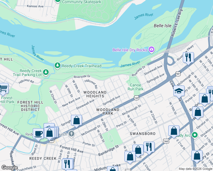 map of restaurants, bars, coffee shops, grocery stores, and more near 711 West 26th Street in Richmond