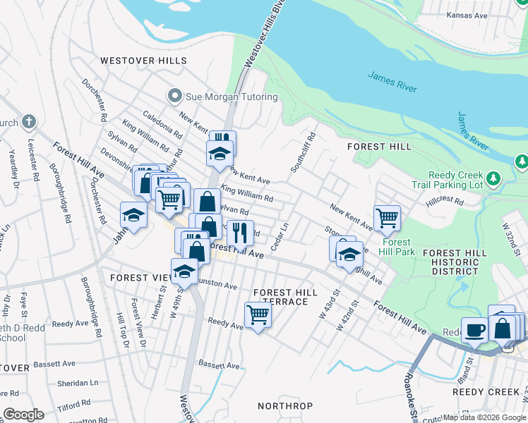map of restaurants, bars, coffee shops, grocery stores, and more near 4613 Sylvan Road in Richmond