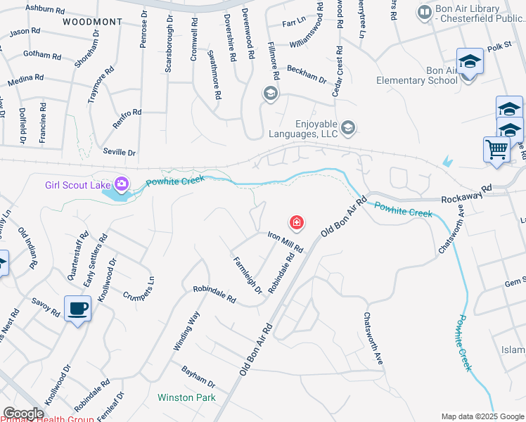 map of restaurants, bars, coffee shops, grocery stores, and more near 10108 Iron Mill Road in Richmond