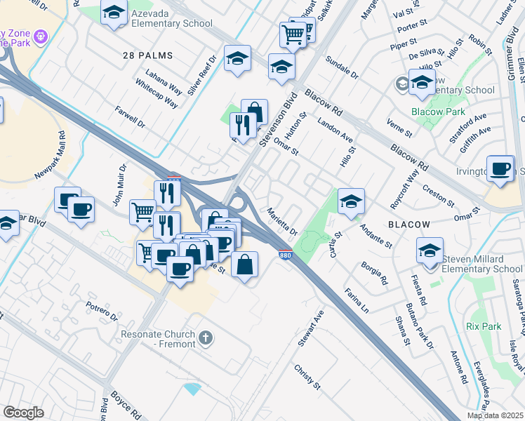 map of restaurants, bars, coffee shops, grocery stores, and more near 5646 Snowflake Common in Fremont
