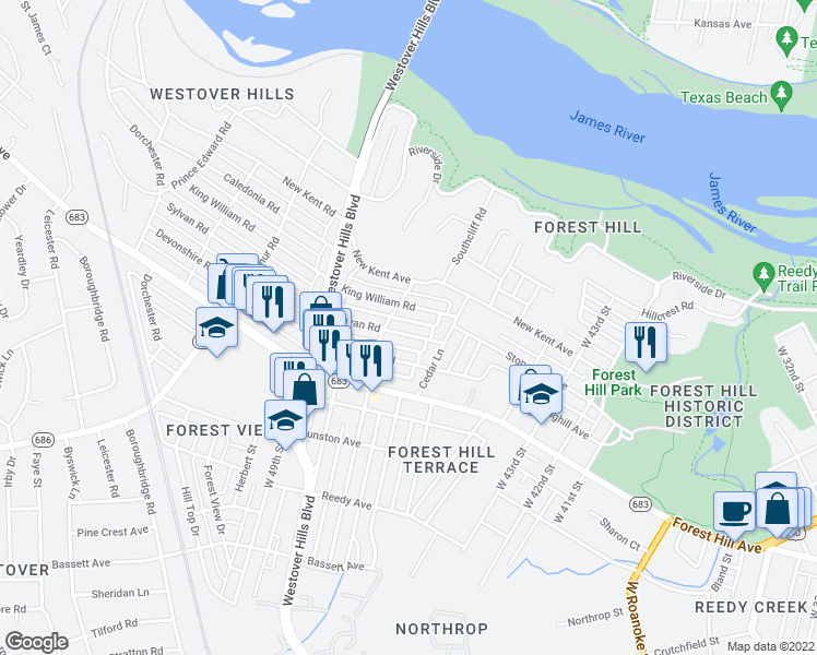 map of restaurants, bars, coffee shops, grocery stores, and more near 4613 Sylvan Road in Richmond
