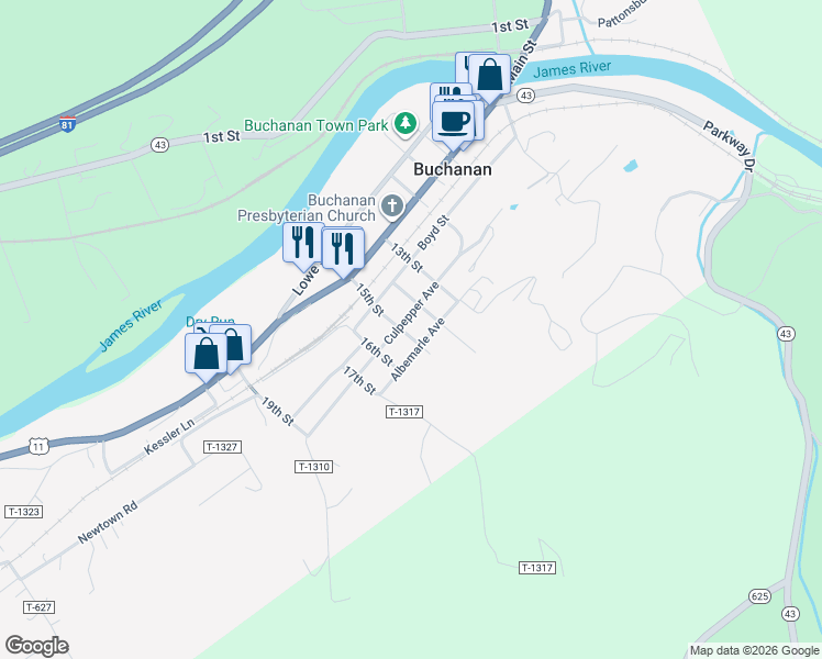 map of restaurants, bars, coffee shops, grocery stores, and more near 314 Culpepper Ave in Buchanan