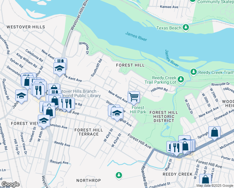 map of restaurants, bars, coffee shops, grocery stores, and more near 4405 New Kent Avenue in Richmond
