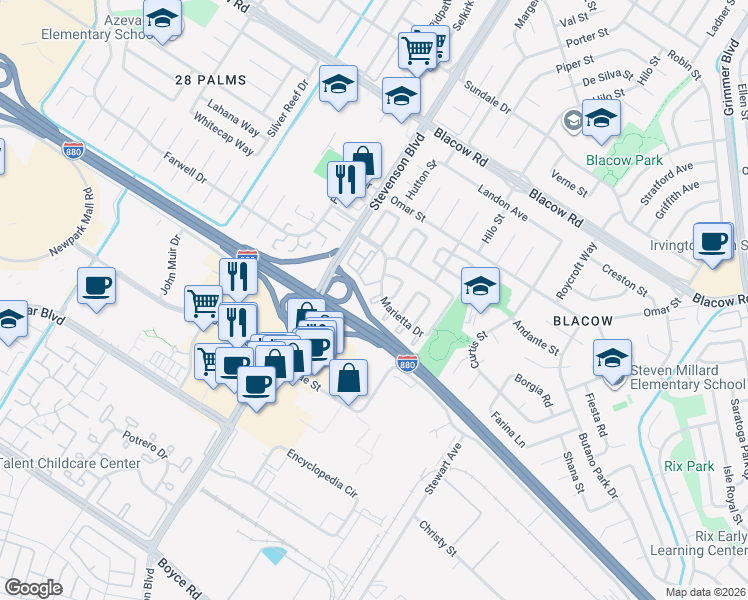 map of restaurants, bars, coffee shops, grocery stores, and more near 5656 Snowflake Common in Fremont