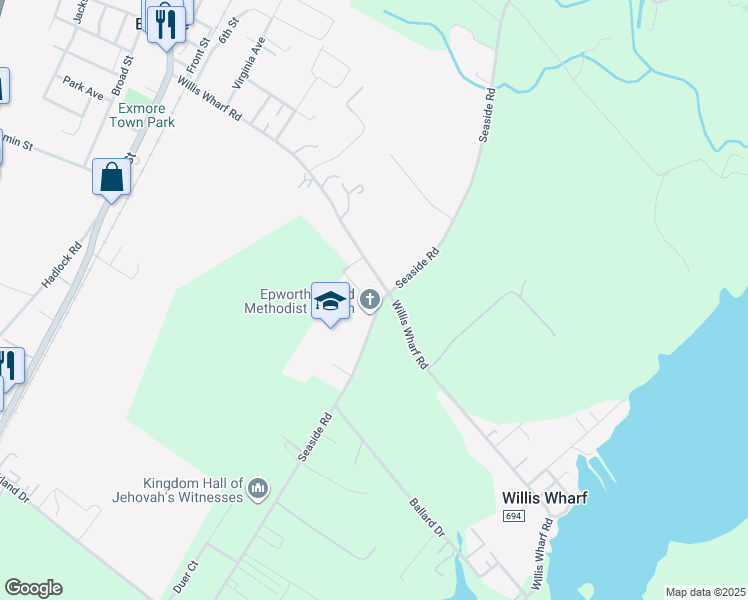 map of restaurants, bars, coffee shops, grocery stores, and more near 4140 Seaside Road in Exmore