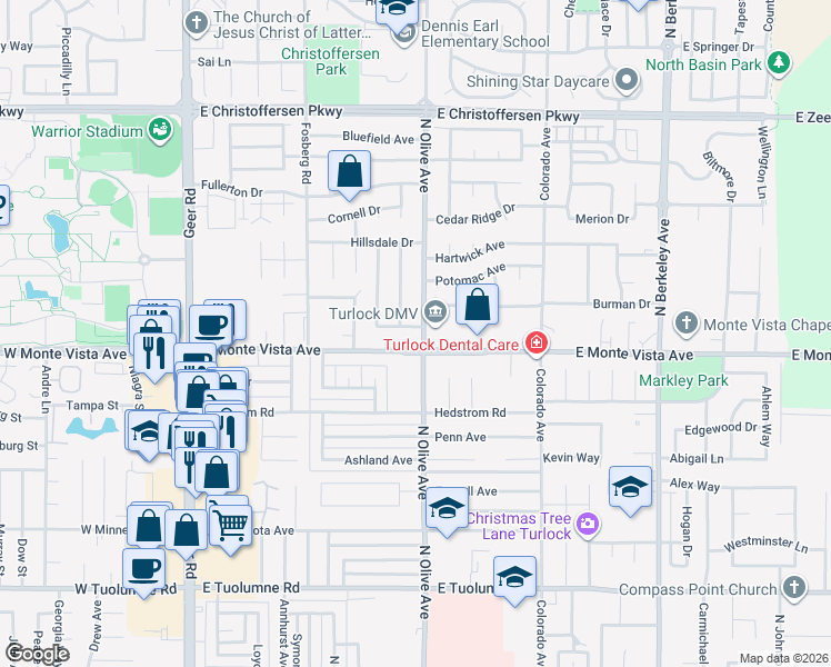 map of restaurants, bars, coffee shops, grocery stores, and more near 3231 North Olive Avenue in Turlock