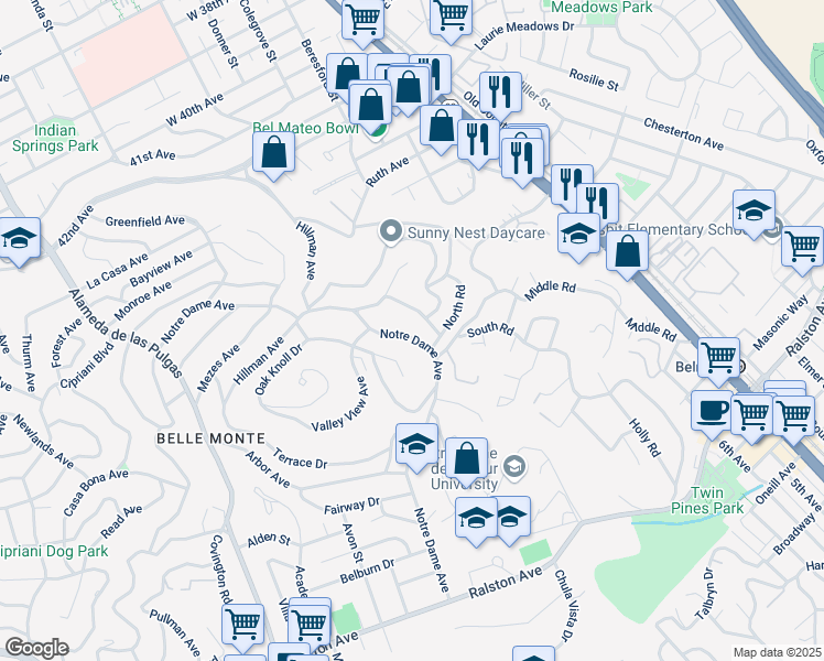 map of restaurants, bars, coffee shops, grocery stores, and more near 1608 Notre Dame Avenue in Belmont