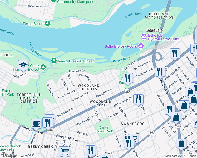map of restaurants, bars, coffee shops, grocery stores, and more near 711 West 26th Street in Richmond