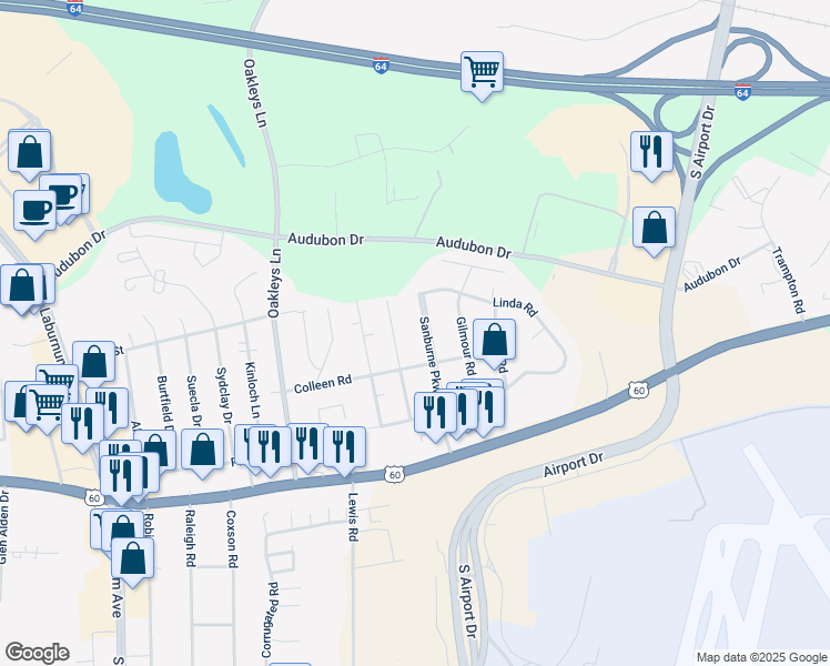 map of restaurants, bars, coffee shops, grocery stores, and more near 4809 Sanburne Parkway in Sandston