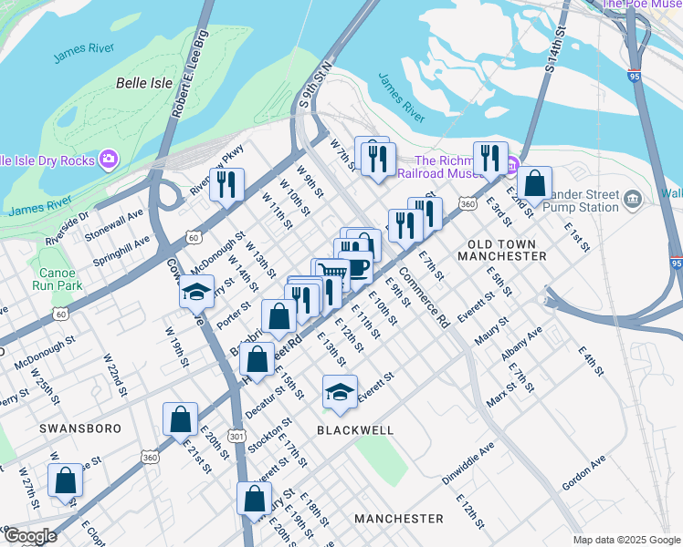 map of restaurants, bars, coffee shops, grocery stores, and more near 1000 Bainbridge Street in Richmond