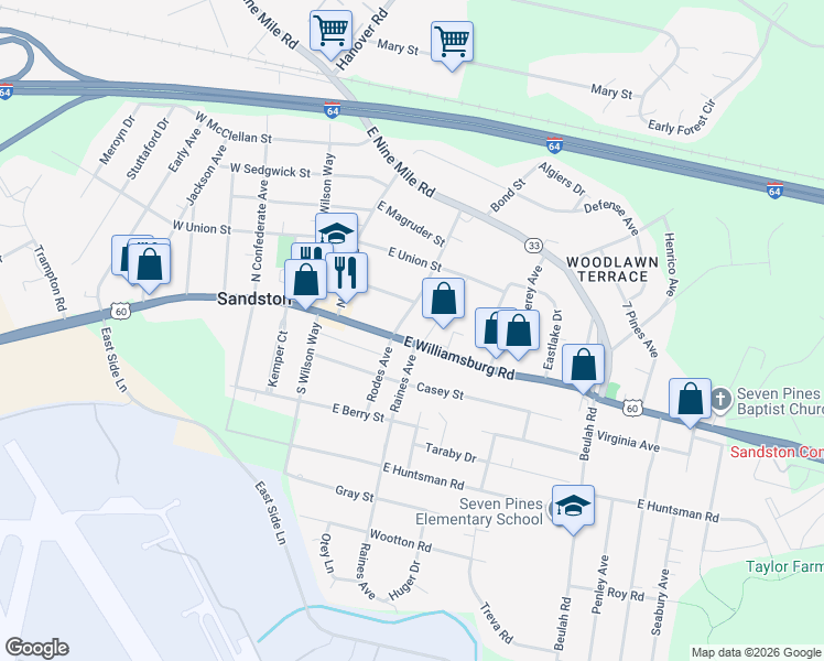map of restaurants, bars, coffee shops, grocery stores, and more near 100 East Williamsburg Road in Sandston