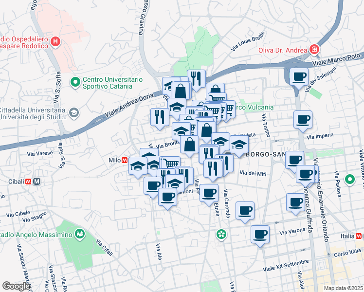 map of restaurants, bars, coffee shops, grocery stores, and more near 4 Via Randazzo in Catania