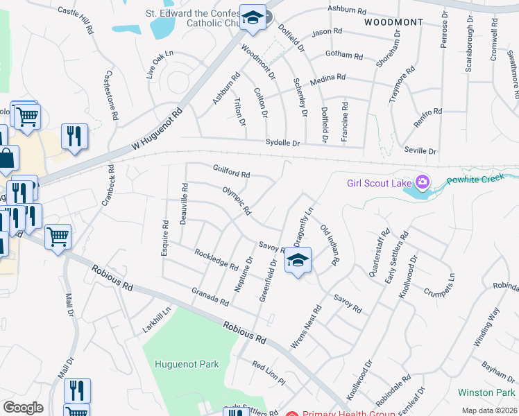 map of restaurants, bars, coffee shops, grocery stores, and more near 2113 Woodmont Drive in Richmond