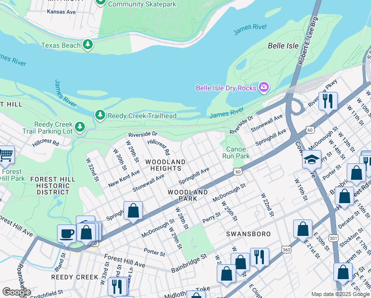 map of restaurants, bars, coffee shops, grocery stores, and more near 711 West 26th Street in Richmond