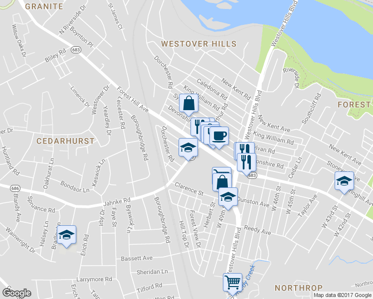 map of restaurants, bars, coffee shops, grocery stores, and more near 5105 Boscobel Avenue in Richmond