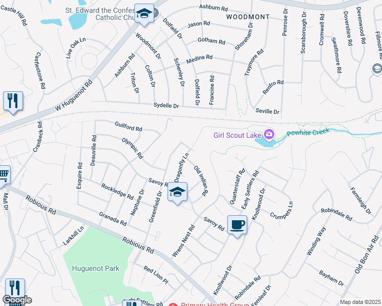 map of restaurants, bars, coffee shops, grocery stores, and more near 10703 Milbrook Court in Bon Air