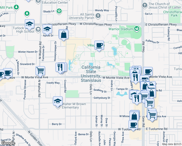 map of restaurants, bars, coffee shops, grocery stores, and more near 1 University Circle in Turlock