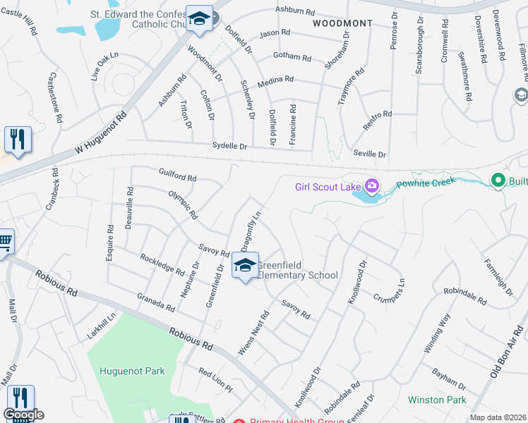 map of restaurants, bars, coffee shops, grocery stores, and more near 10703 Milbrook Court in Richmond