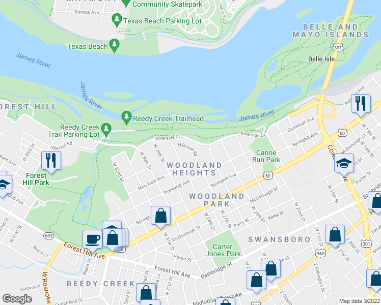 map of restaurants, bars, coffee shops, grocery stores, and more near 2708 Hillcrest Road in Richmond