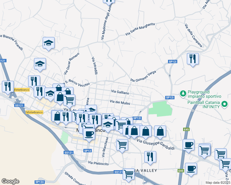 map of restaurants, bars, coffee shops, grocery stores, and more near 73 Via Galliano in Misterbianco