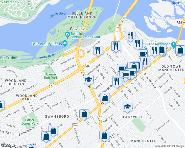 map of restaurants, bars, coffee shops, grocery stores, and more near 1420 McDonough St in Richmond