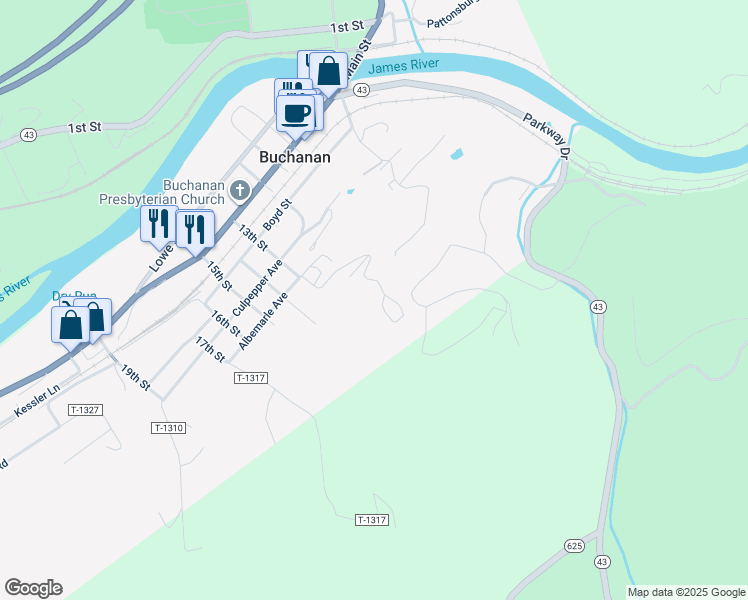 map of restaurants, bars, coffee shops, grocery stores, and more near 308 Spangler Drive in Buchanan