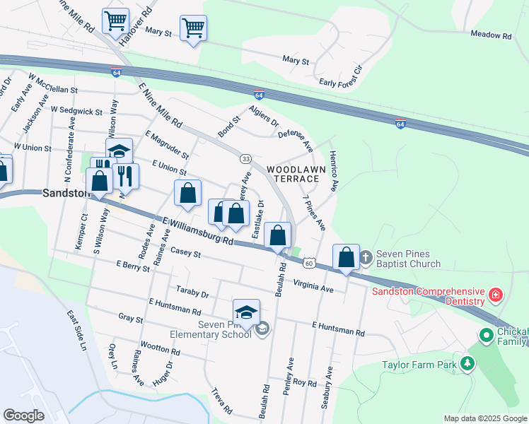 map of restaurants, bars, coffee shops, grocery stores, and more near 20 Eastlake Drive in Sandston