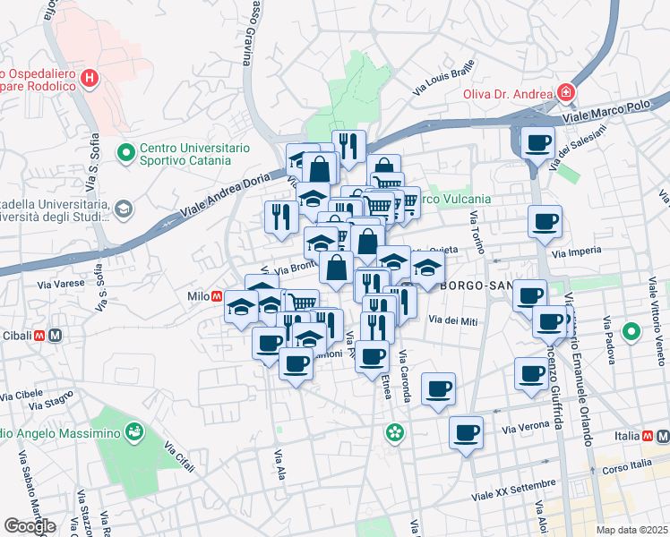 map of restaurants, bars, coffee shops, grocery stores, and more near 4 Via Randazzo in Catania
