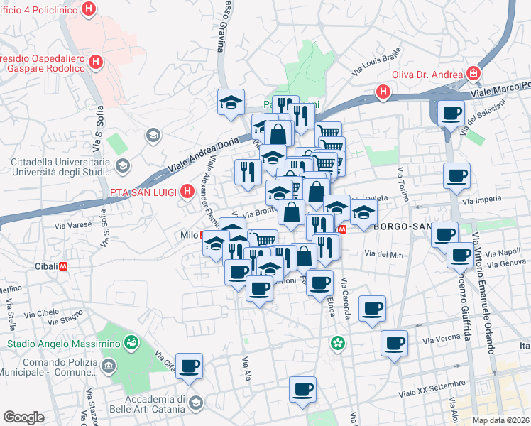 map of restaurants, bars, coffee shops, grocery stores, and more near 23 Via Bronte in Catania