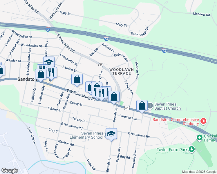 map of restaurants, bars, coffee shops, grocery stores, and more near 20 Eastlake Drive in Sandston