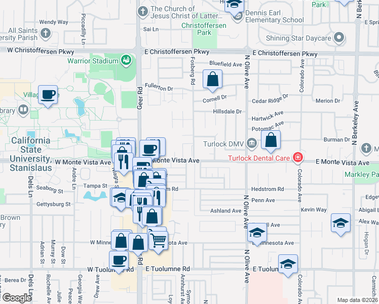 map of restaurants, bars, coffee shops, grocery stores, and more near 351 East Monte Vista Avenue in Turlock