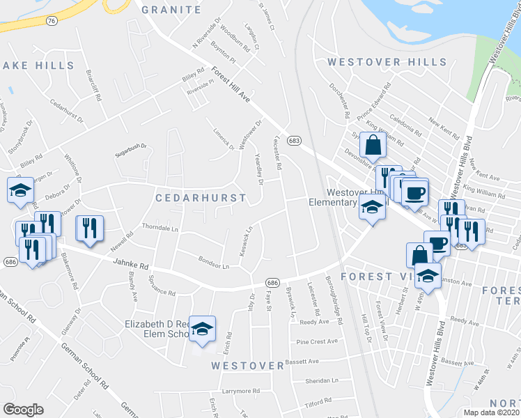 map of restaurants, bars, coffee shops, grocery stores, and more near 1407 Yeardley Drive in Richmond