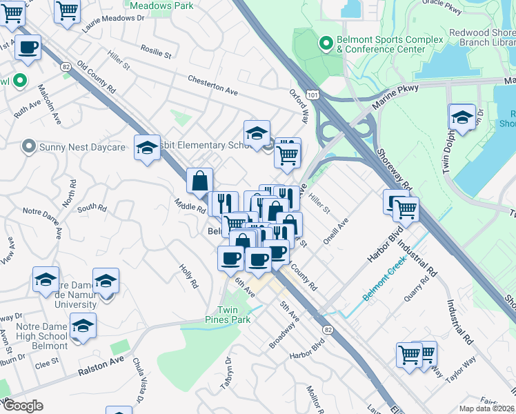 map of restaurants, bars, coffee shops, grocery stores, and more near 640 Masonic Way in Belmont