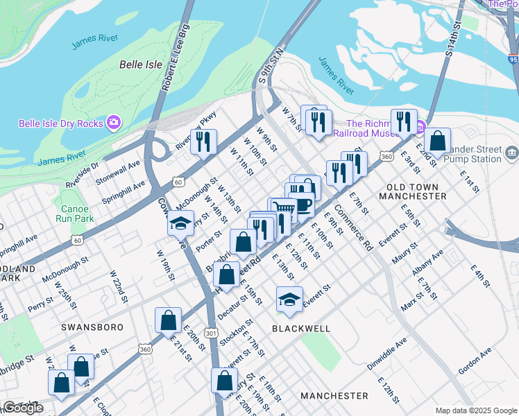 map of restaurants, bars, coffee shops, grocery stores, and more near 115 West 12th Street in Richmond
