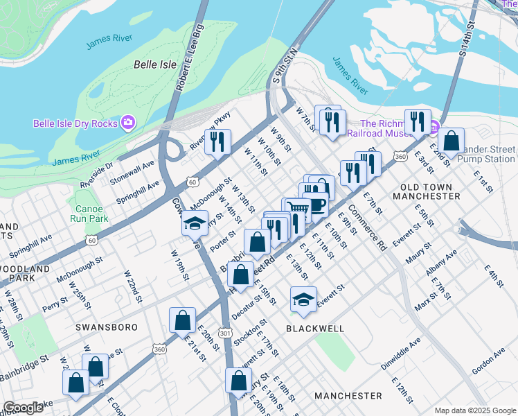 map of restaurants, bars, coffee shops, grocery stores, and more near 1211 Porter Street in Richmond