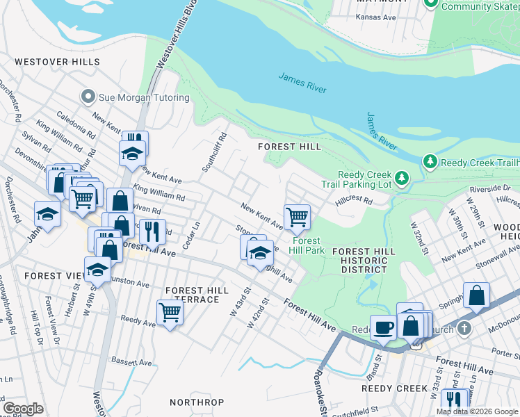 map of restaurants, bars, coffee shops, grocery stores, and more near 4409 New Kent Avenue in Richmond