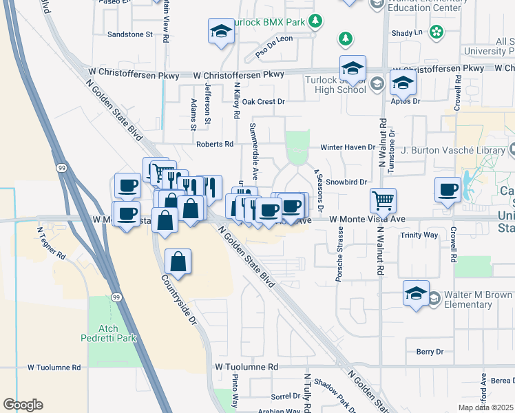 map of restaurants, bars, coffee shops, grocery stores, and more near 3254 Meadowmont Lane in Turlock