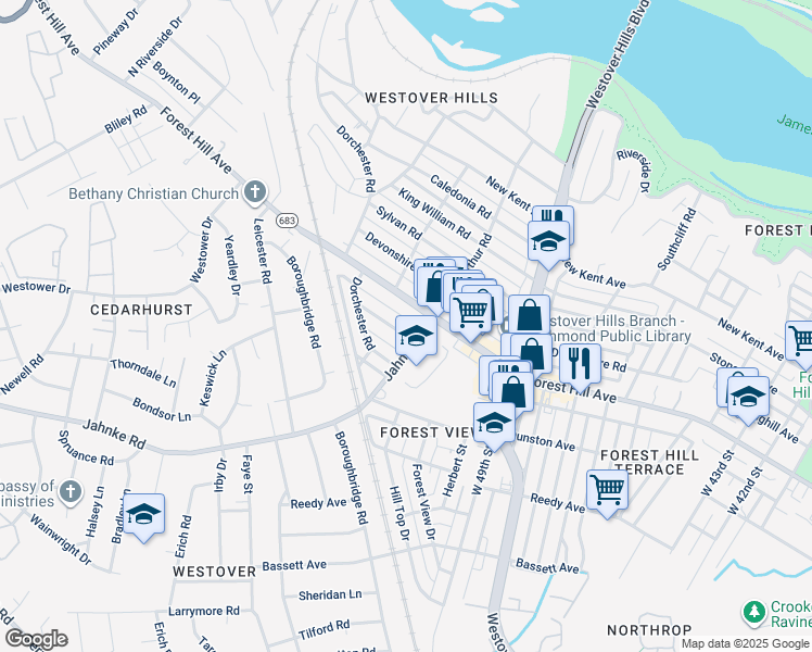 map of restaurants, bars, coffee shops, grocery stores, and more near 5105 Boscobel Avenue in Richmond