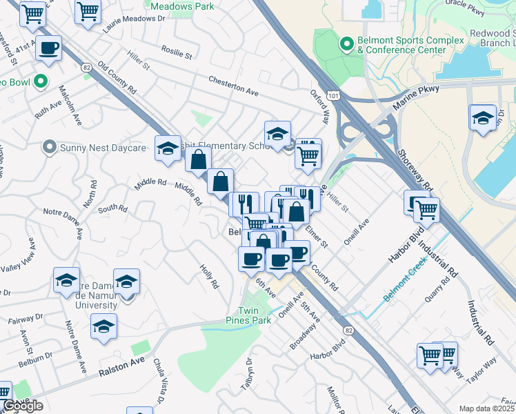 map of restaurants, bars, coffee shops, grocery stores, and more near 825 Old County Road in Belmont