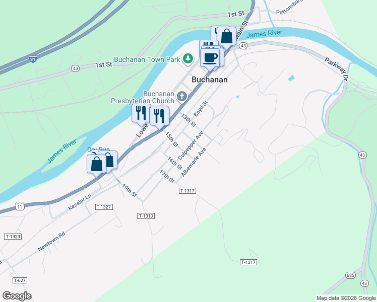 map of restaurants, bars, coffee shops, grocery stores, and more near 314 Culpepper Ave in Buchanan