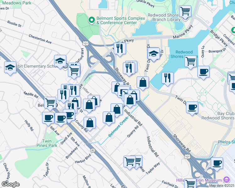 map of restaurants, bars, coffee shops, grocery stores, and more near 31 Karen Road in Belmont