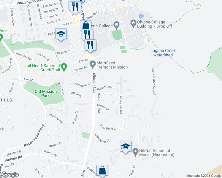 map of restaurants, bars, coffee shops, grocery stores, and more near 288 Pilgrim Loop in Fremont